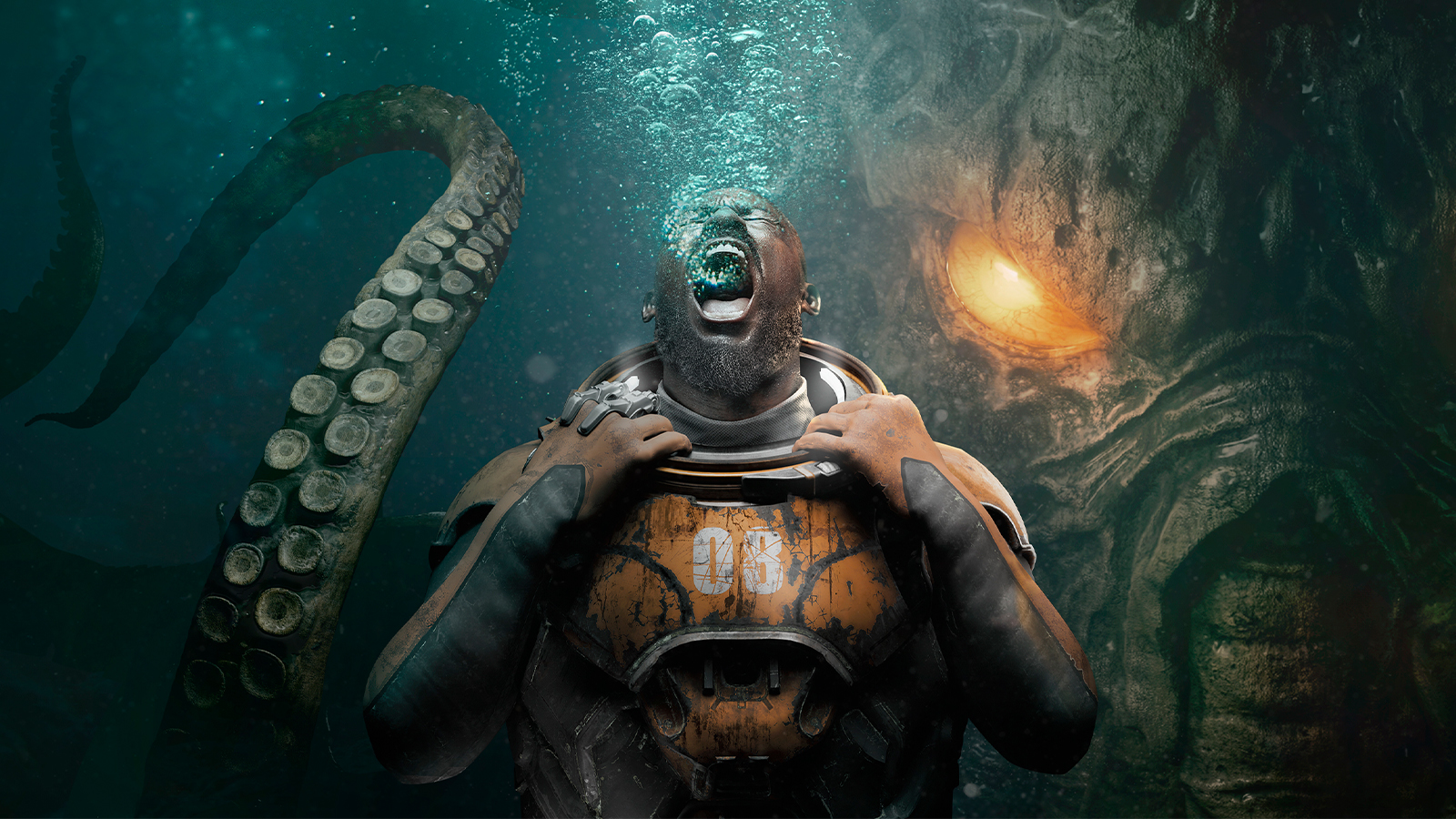 Cthulhu: The Cosmic Abyss review; a man underwater with a sea creature