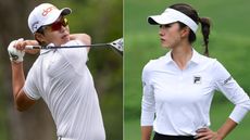 Changwoo Lee and Muni He hit golf shots