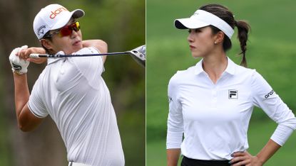 Changwoo Lee and Muni He hit golf shots