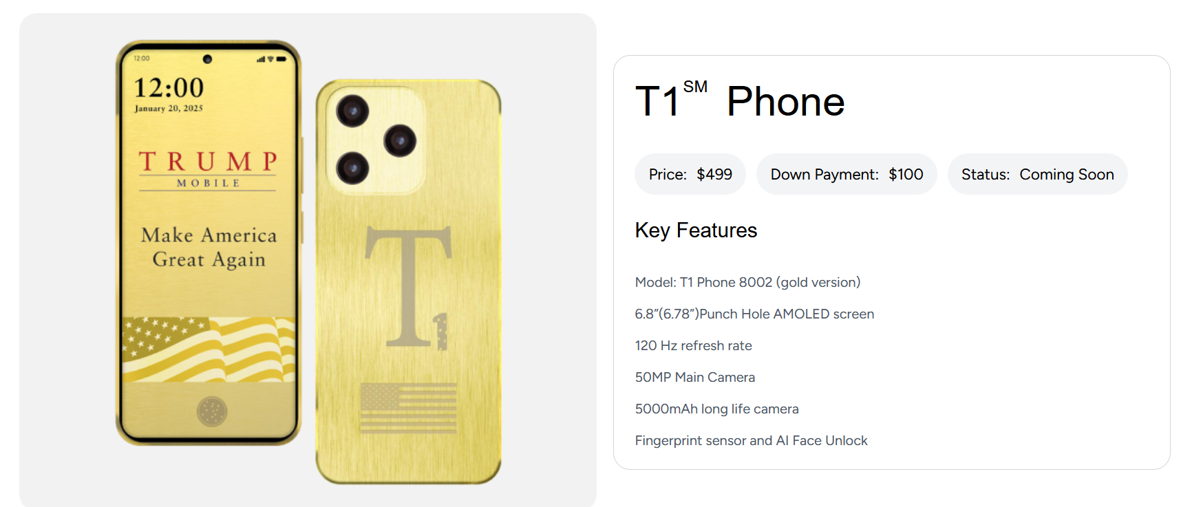 Specs for the Trump T1 phone