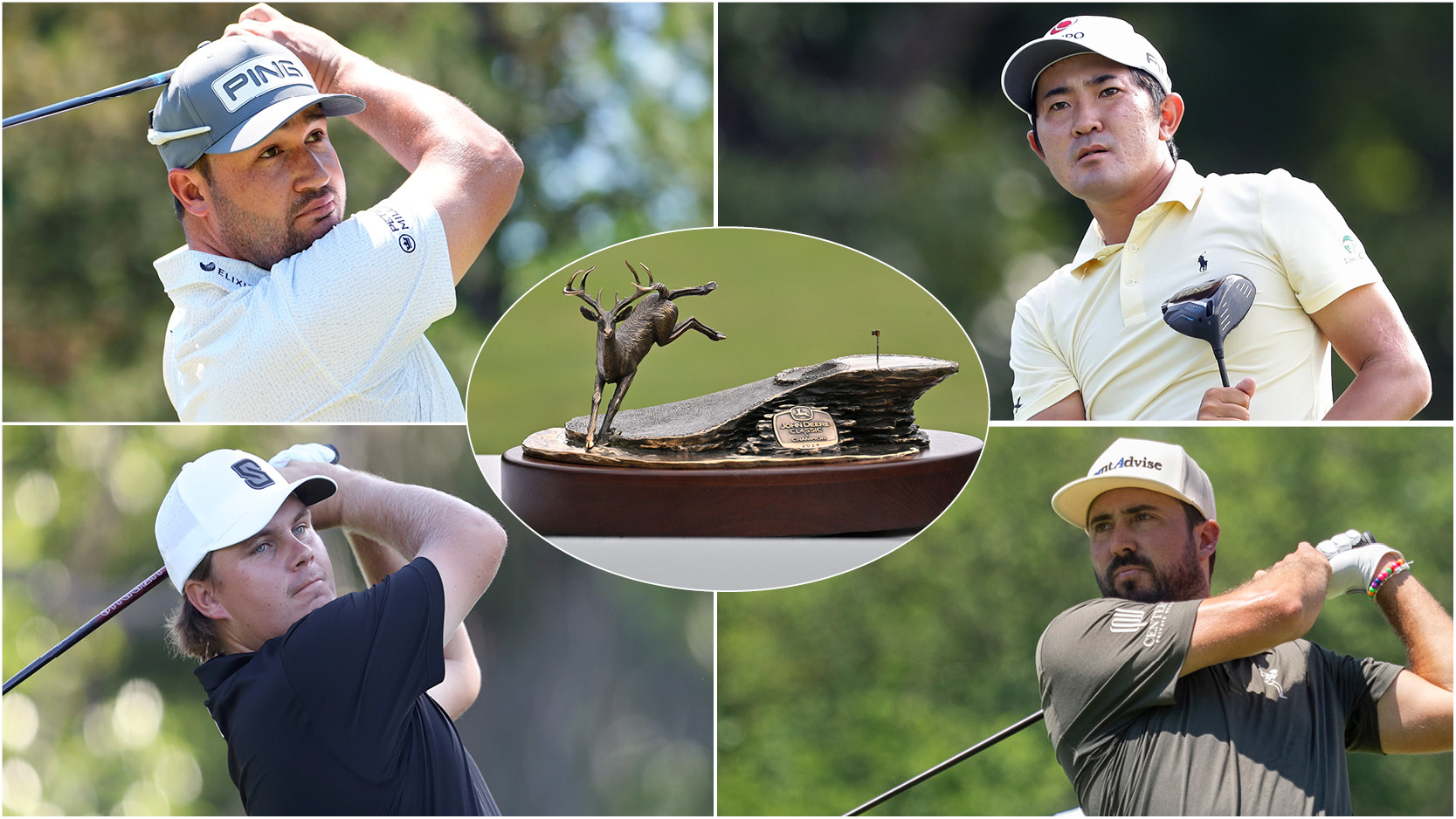 The John Deere Classic trophy with four players surrounding it
