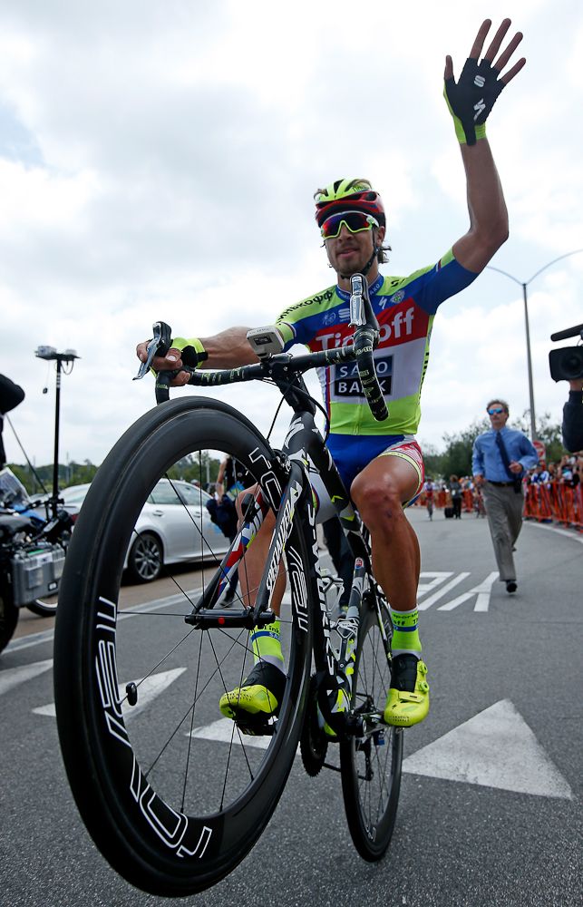 Peter Sagan does a wheelie after finishing third in stage 8 and winning the general classification of the 2015 Amgen Tour of California