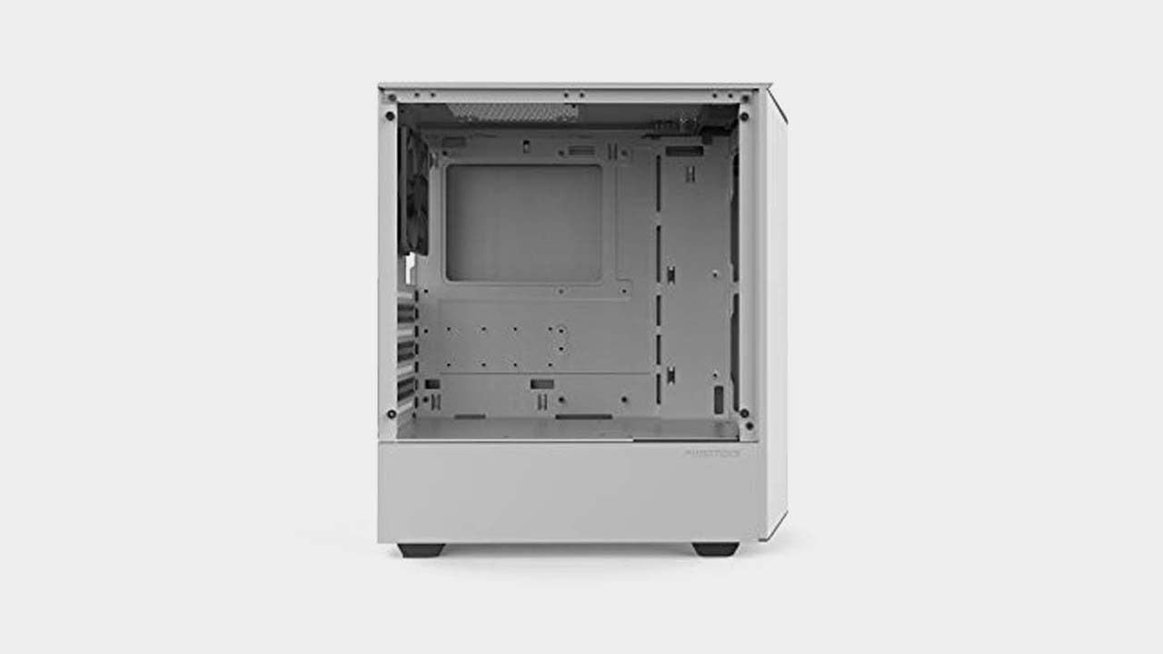 Phanteks P300 ATX PC case on a grey background with the side removed