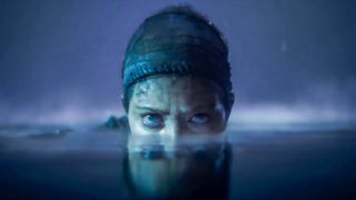 A screenshot from Senua's Saga: Hellblade 2 showing Senua's face half submerged in water.