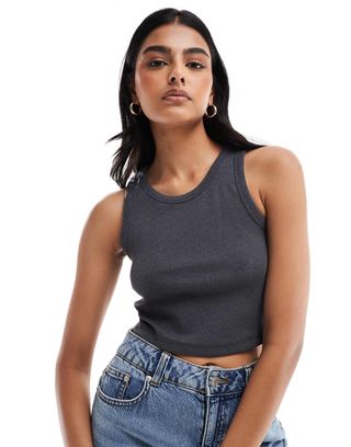 Jjxx Fallon Ribbed Cropped Vest Top in Dark Grey