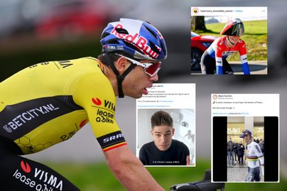 Wout van Aert with three tweets embedded on the photo