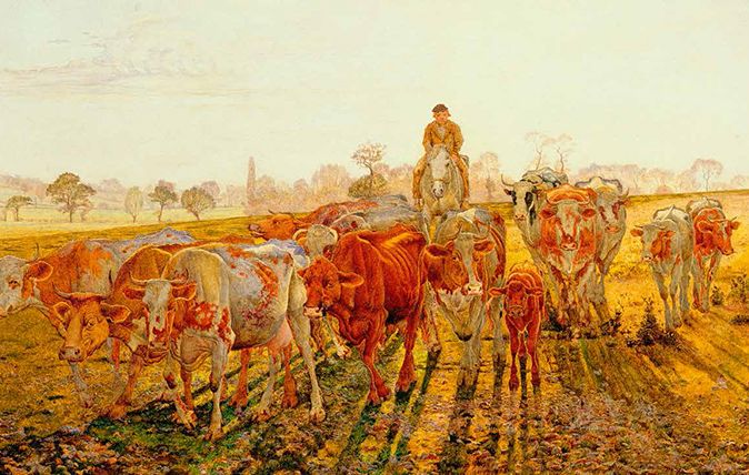 Liverpool Pre-Raphaelitism favoured bright colours, as shown in Winter Evening—Cows going Home by Daniel Alexander Williamson