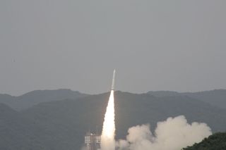 Japan's brand-new Epsilon rocket launches on its debut mission from Uchinoura Space Center on Sept. 14, 2013 carrying the SPRINT-A (Hisaki) space telescope.