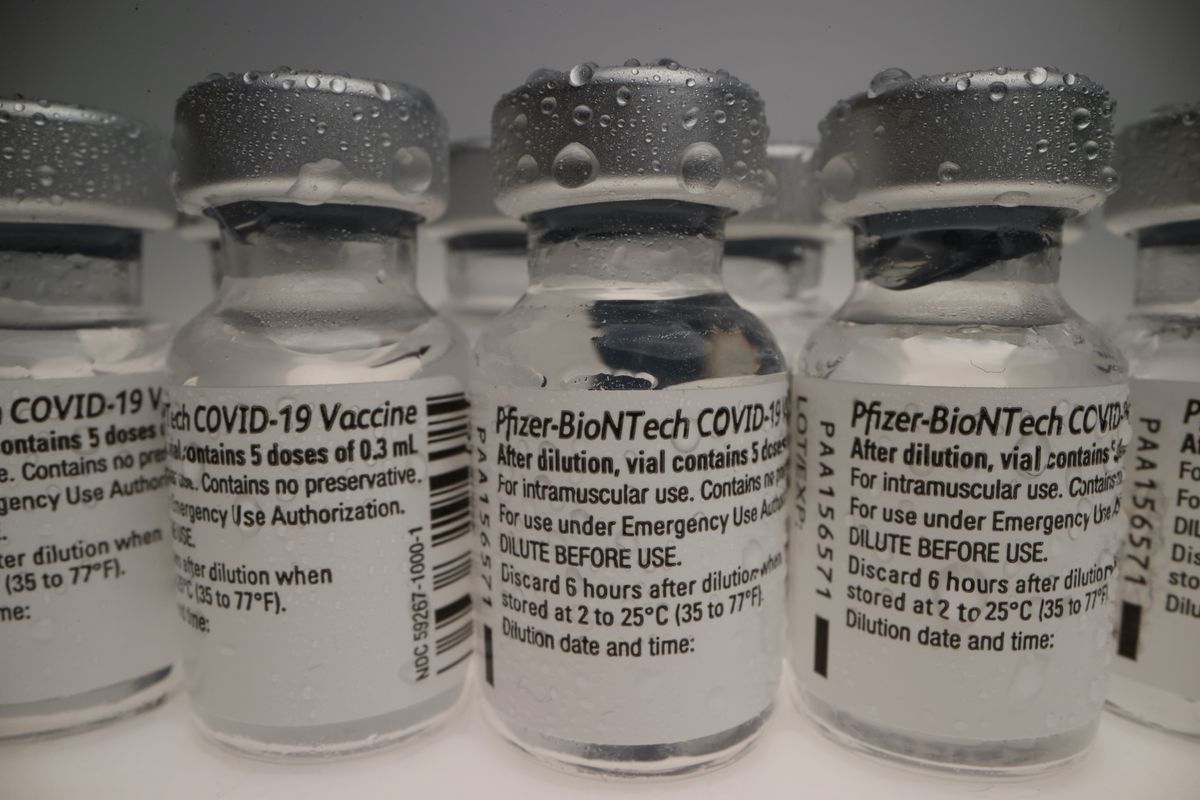 Vials of Pfizer-BioNTech COVID-19 vaccine lined up.