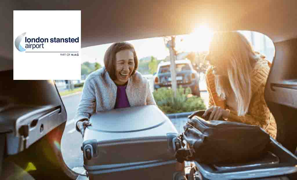 Stansted Airport Parking logo placed over an image of a friend helping remove luggage from a car laughing