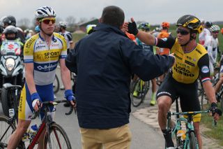 Riders are informed of their disqualification from the Scheldeprijs