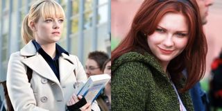 Emma Stone as Gwen Stacy in The Amazing Spider-Man and Kirsten Dunst as Mary Jane Watson in Sam Raimi's Spider-Man