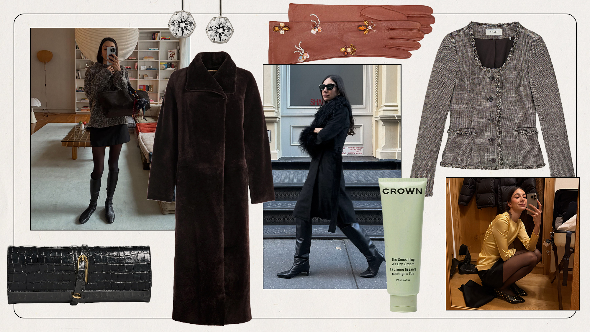 collage of accessories and outerwear with pictures of Melanie Masarin