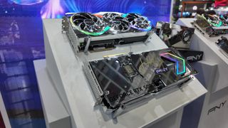 PNY RTX 5080 Iron Core graphics card with Jensen Huang signature on a stand at Computex 2025