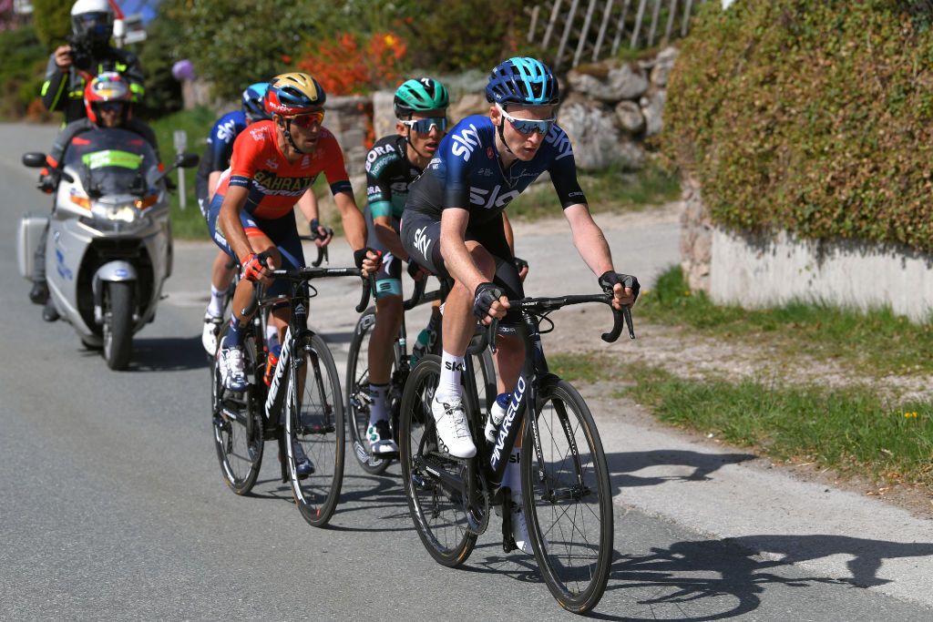 Tao Geoghegan Hart on the attack with Vincenzo Nibali, Rafal Majka and Team Sky teammate Pavel Sivakov.