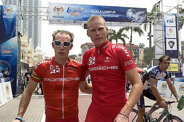 Drapac Porsche teammates Peter McDonald (left) and Stuart Shaw celebrate their achievements on the 2010 Tour de Langkawi.