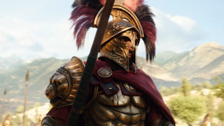 Titan Quest 2 announcement trailer an ancient warrior in bronze muscle cuirass and a red cloak with a red horsehair crest is visible in partial profile
