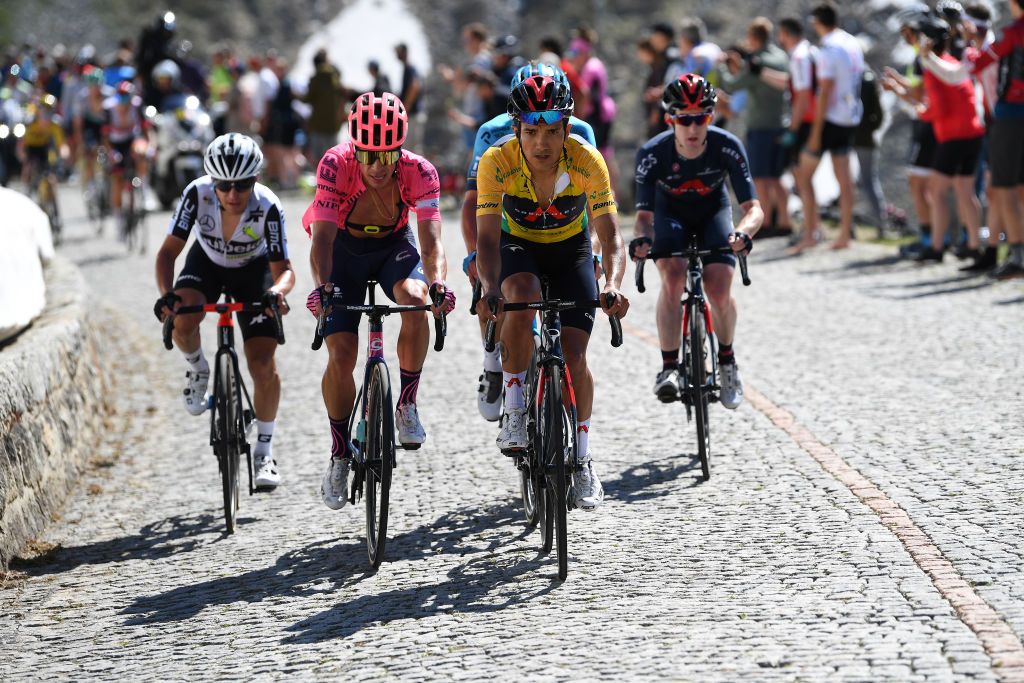 ANDERMATT SWITZERLAND JUNE 13 Domenico Pozzovivo of Italy and Team Qhubeka Assos Rigoberto Uran Uran of Colombia and Team EF Education Nippo Richard Carapaz of Ecuador and Team INEOS Grenadiers yellow leader jersey Eddie Dunbar of Ireland and Team INEOS Grenadiers in breakaway during the 84th Tour de Suisse 2021 Stage 8 a 1595km stage from Andermatt to Andermatt Gotthardpass 2106m Cobblestones UCIworldtour tds tourdesuisse on June 13 2021 in Andermatt Switzerland Photo by Tim de WaeleGetty Images