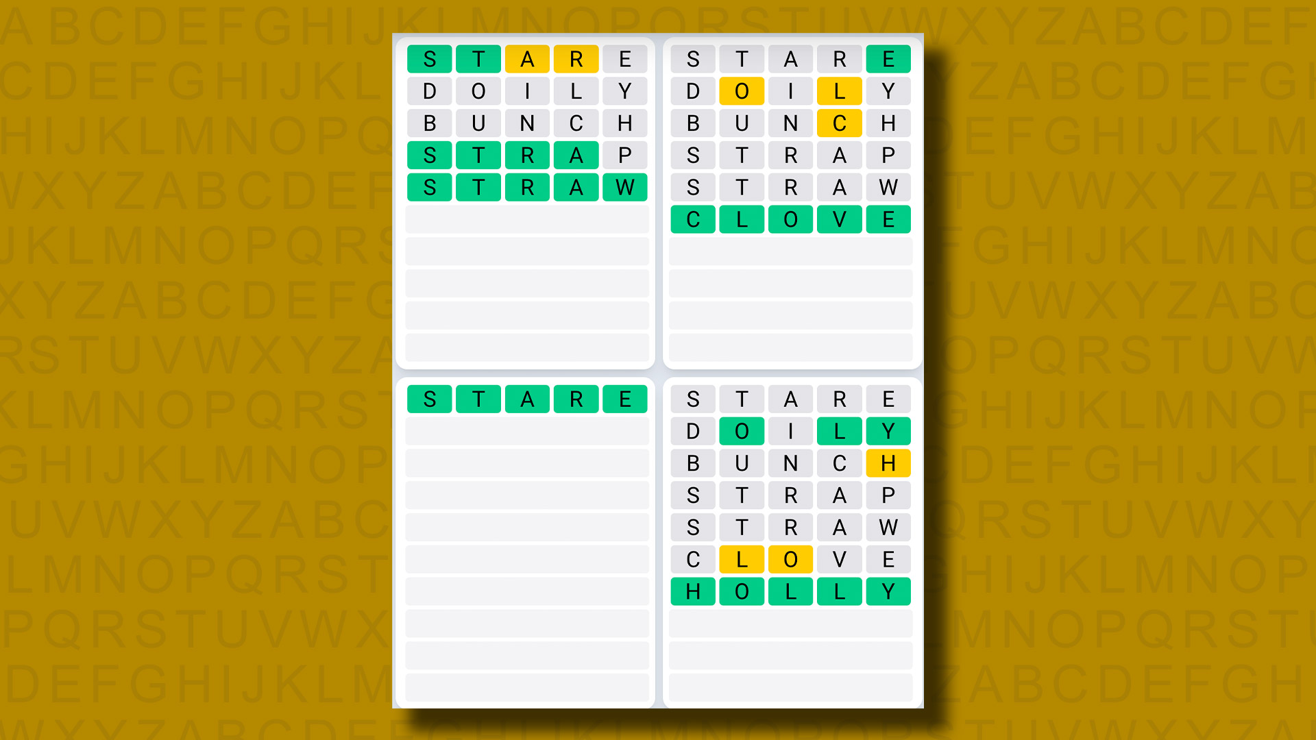 Respuestas del juego de secuencia diaria de Quordle para el juego 900 sobre un fondo amarillo