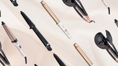 Repeating images of the best curling wands for thick hair (L-R) from Remington, ghd, Beauty Works and Babyliss, on a pink background