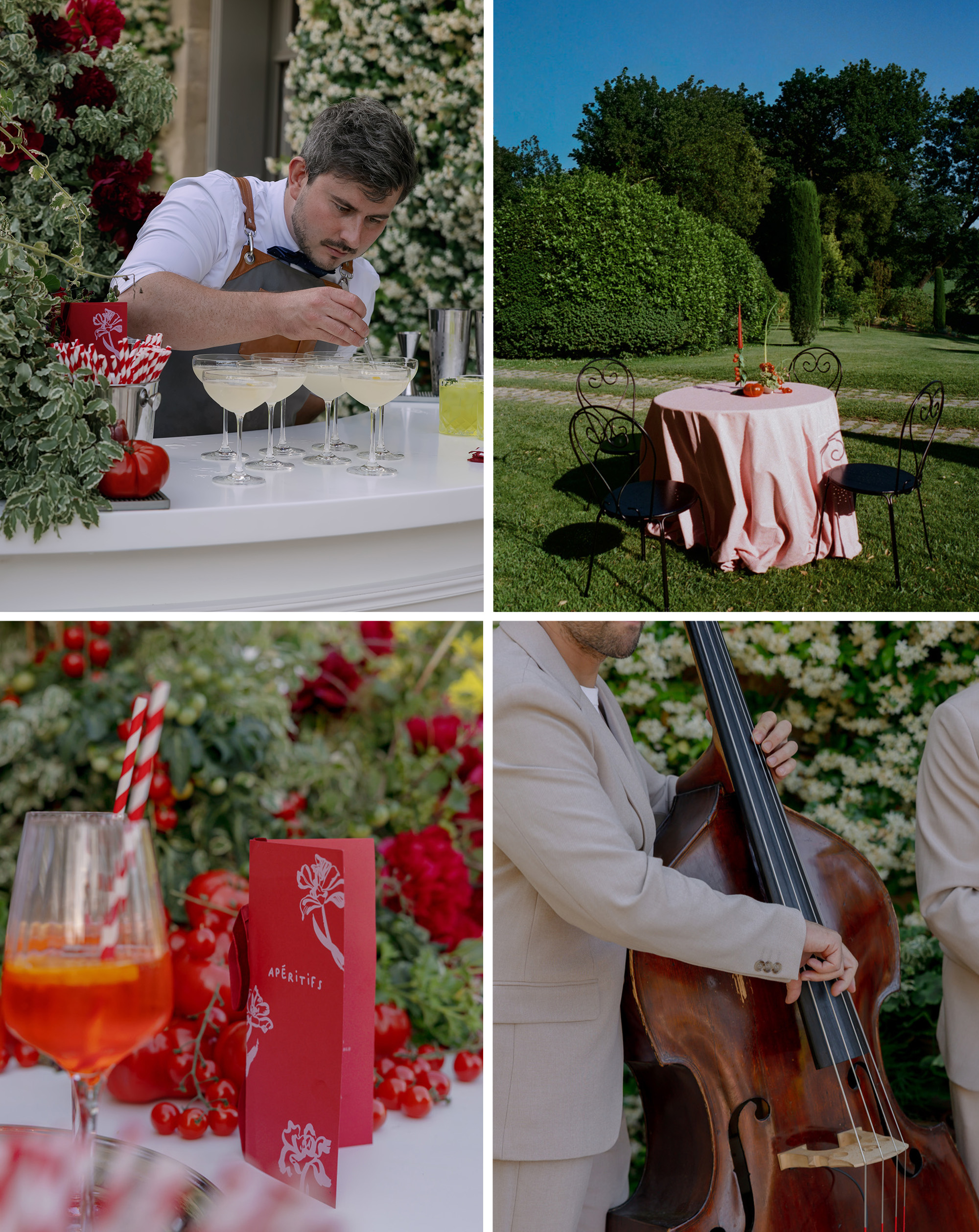 Collage of decor, bartender, and musicians at Abbie and Max's welcome party.