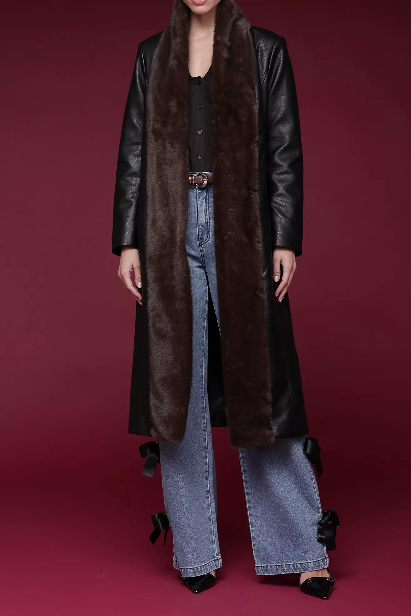 Avec Les Filles Faux Fur Trimmed Faux Leather Wrap Coat