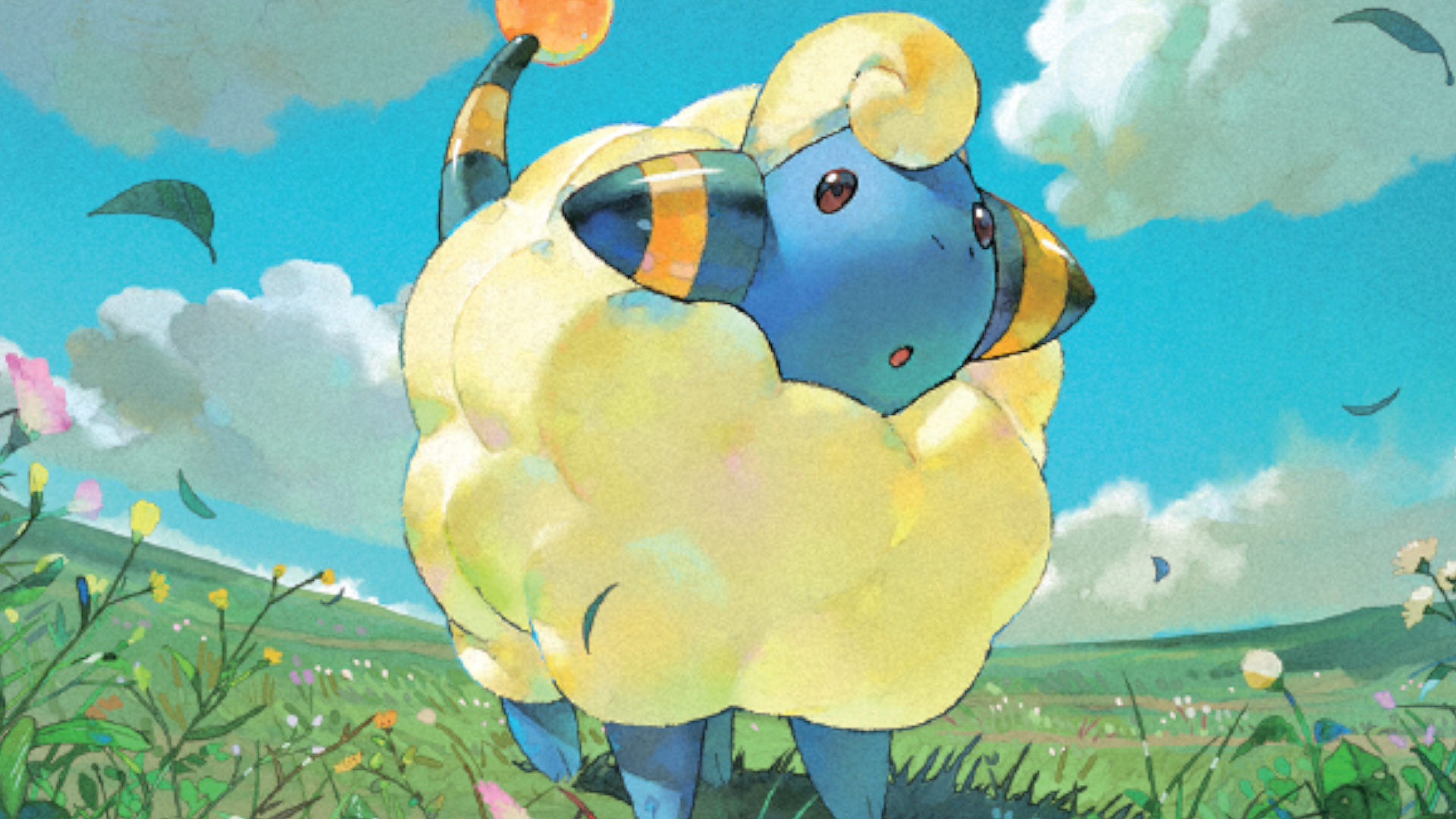 The sheep-like Pokemon Mareep stares out in shock while a breeze blows leaves and flowers in a field