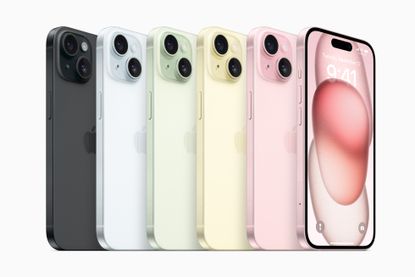 The iPhone 15 range in all colours on a white background