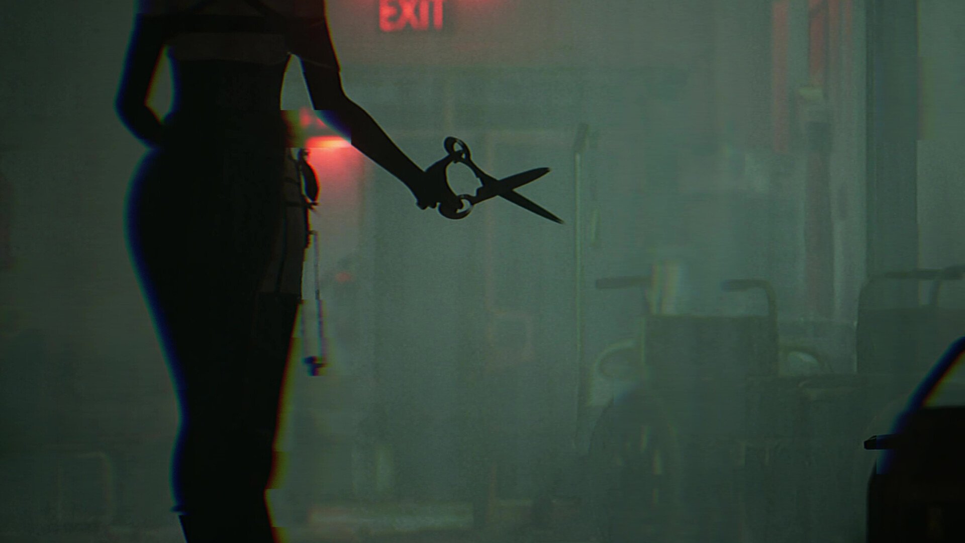 BrokenLore: Unfollow screenshot showing the silhouette of an ominous figure holding scissors near an exit