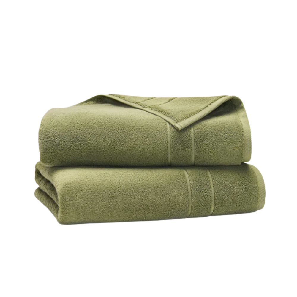 two folded olive green bath towels