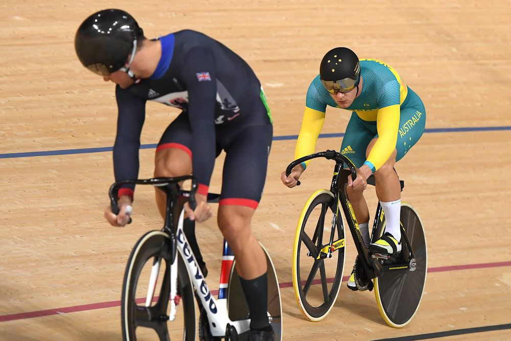 Callum Skinner (front) of Great Britain and Patrick Constable (back) of Australia compete in the Men's Sprint