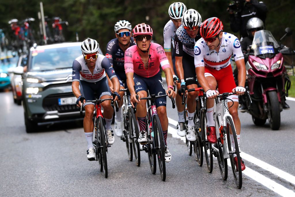 BIELSKOBIALA POLAND AUGUST 13 LR Emils Liepins of Latvia and Team Trek Segafredo Daniel Arroyave Caas of Colombia and Team EF Education Nippo Lukasz Owsian of Poland and Team Poland Reprezentacja Polski Polka Dot Mountain Jersey in the Breakaway during the 78th Tour de Pologne 2021 Stage 5 a 173km stage from Chochow Czarny Dunajec to BielskoBiaa 434m TourdePologne TDP2021 UCIWT on August 13 2021 in BielskoBiala Poland Photo by Bas CzerwinskiGetty Images