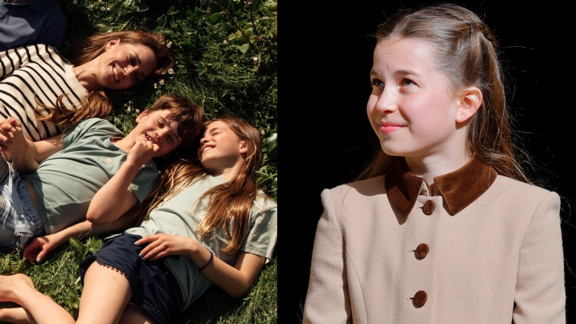 Princess Charlotte, Princess Kate and Prince Louis laying in grass; Princess Charlotte in a tan coat