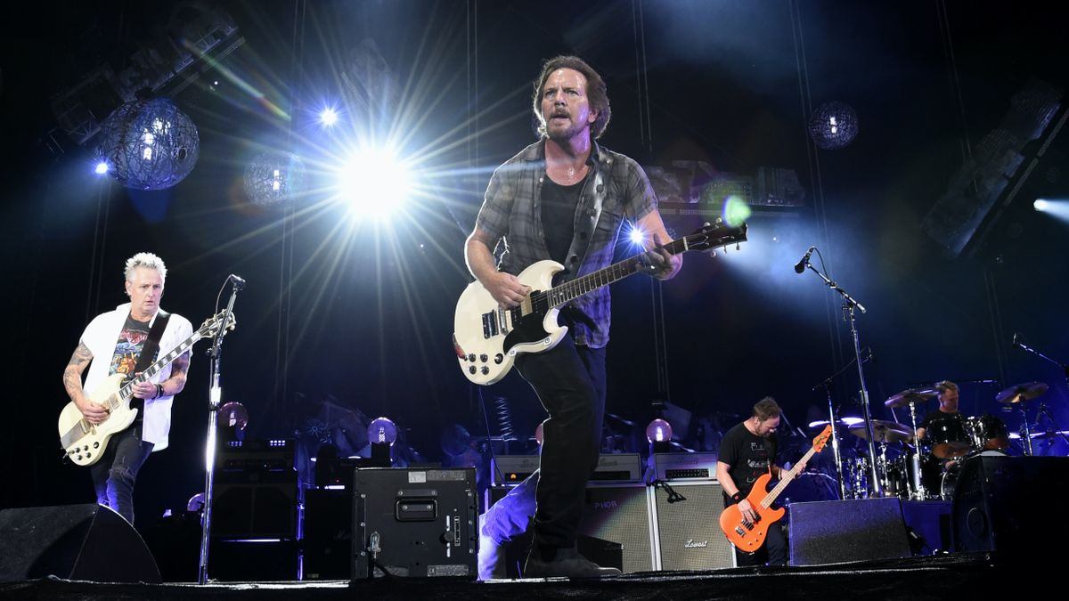 Jeff Ament, Mike McCready, Matt Cameron, Stone Gossard and Eddie Vedder of Pearl Jam perform at Fenway Park on September 4, 2018 in Boston, Massachusetts.