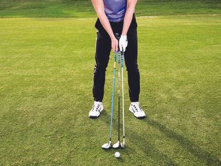 Gary Munro holding a long-iron, a hybrid and a fairway wood to signify the difference in ball position for each club