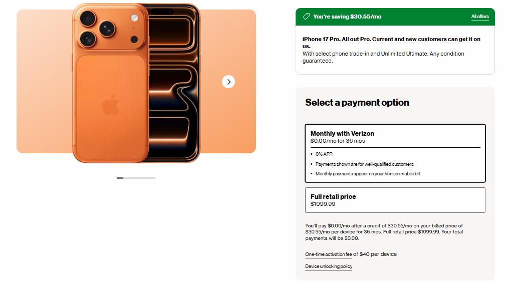 Verizon iPhone 17 Pro Black Friday offer screen shot.