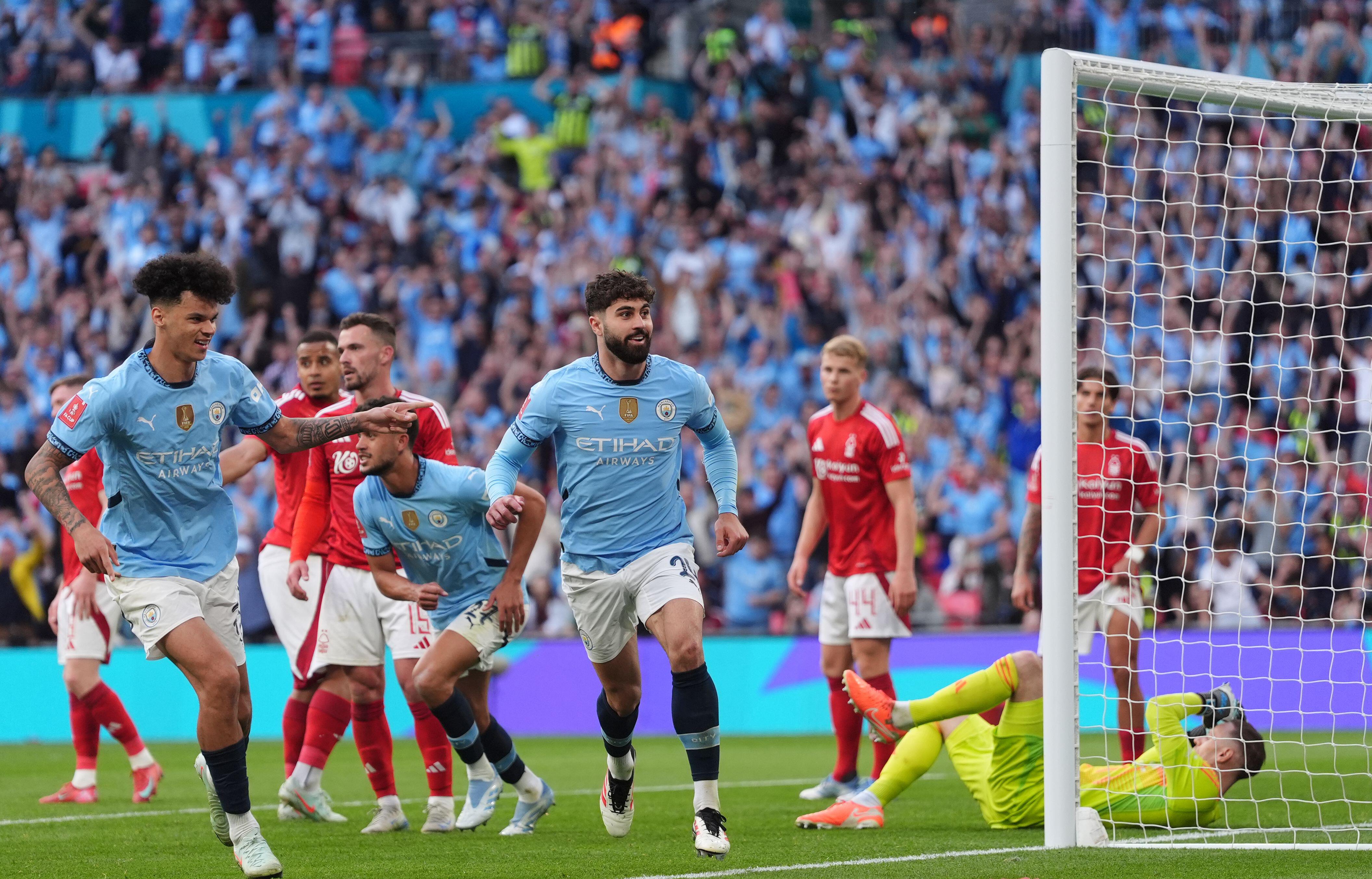 Josko Gvardiol celebrates after scoring for Manchester City against Nottingham Forest in the FA Cup semi-final at Wembley, April 2025