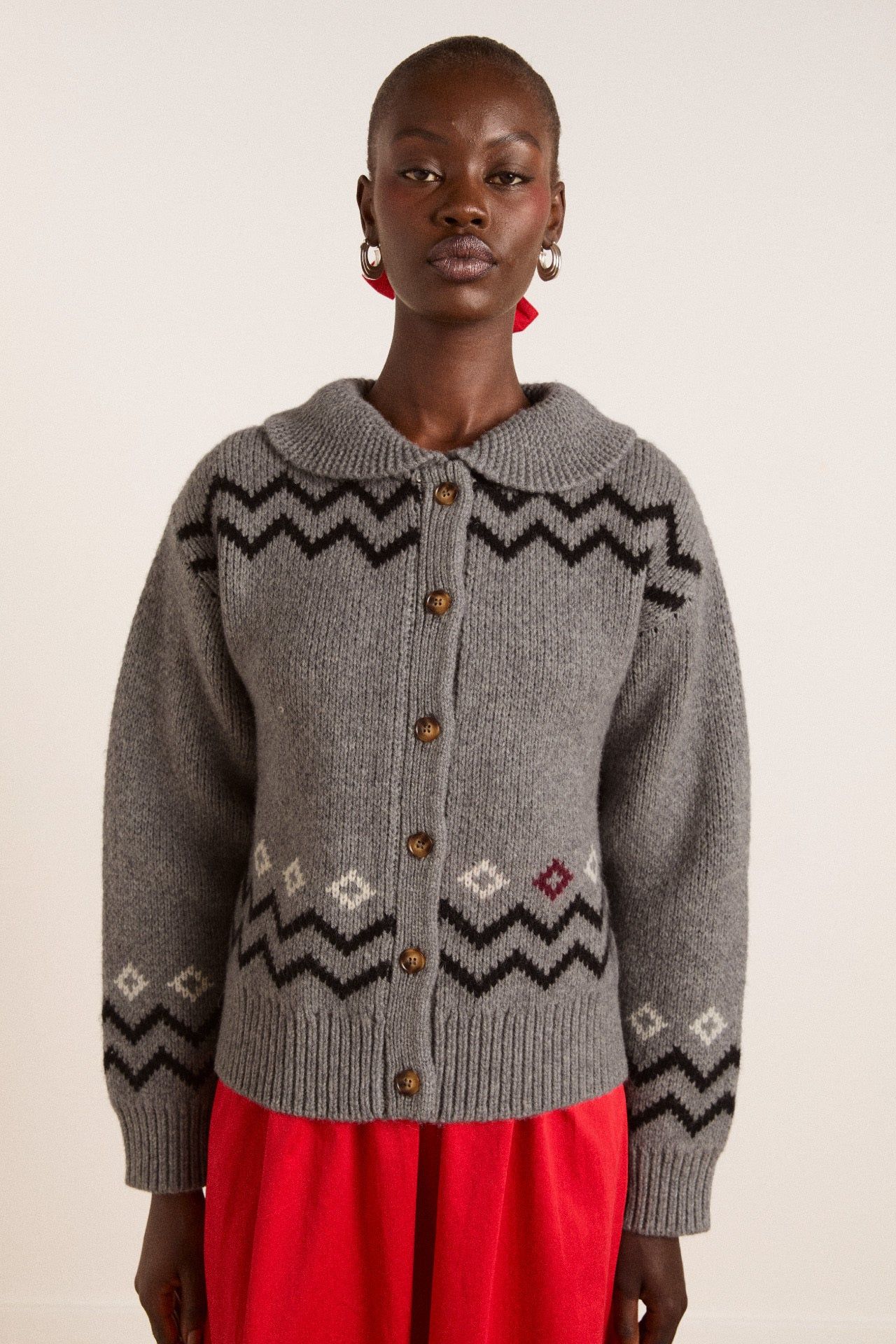 Cecily Collar Lambswool Cardigan - Bunny Intarsia