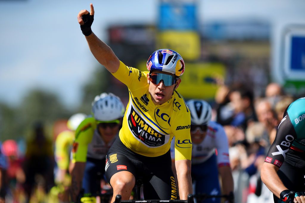 CHAINTRE FRANCE JUNE 09 Wout Van Aert of Belgium and Team Jumbo Visma Yellow Leader Jersey celebrates winning during the 74th Criterium du Dauphine 2022 Stage 5 a 1623km stage from ThizylesBourgs to Chaintr WorldTour Dauphin on June 09 2022 in Chaintre France Photo by Dario BelingheriGetty Images