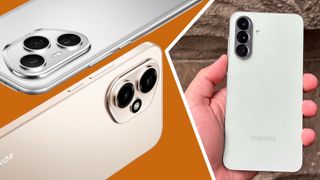 The Honor 400 series next to a hand holding the Samsung Galaxy A56