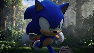 Sonic running through forest toward camera