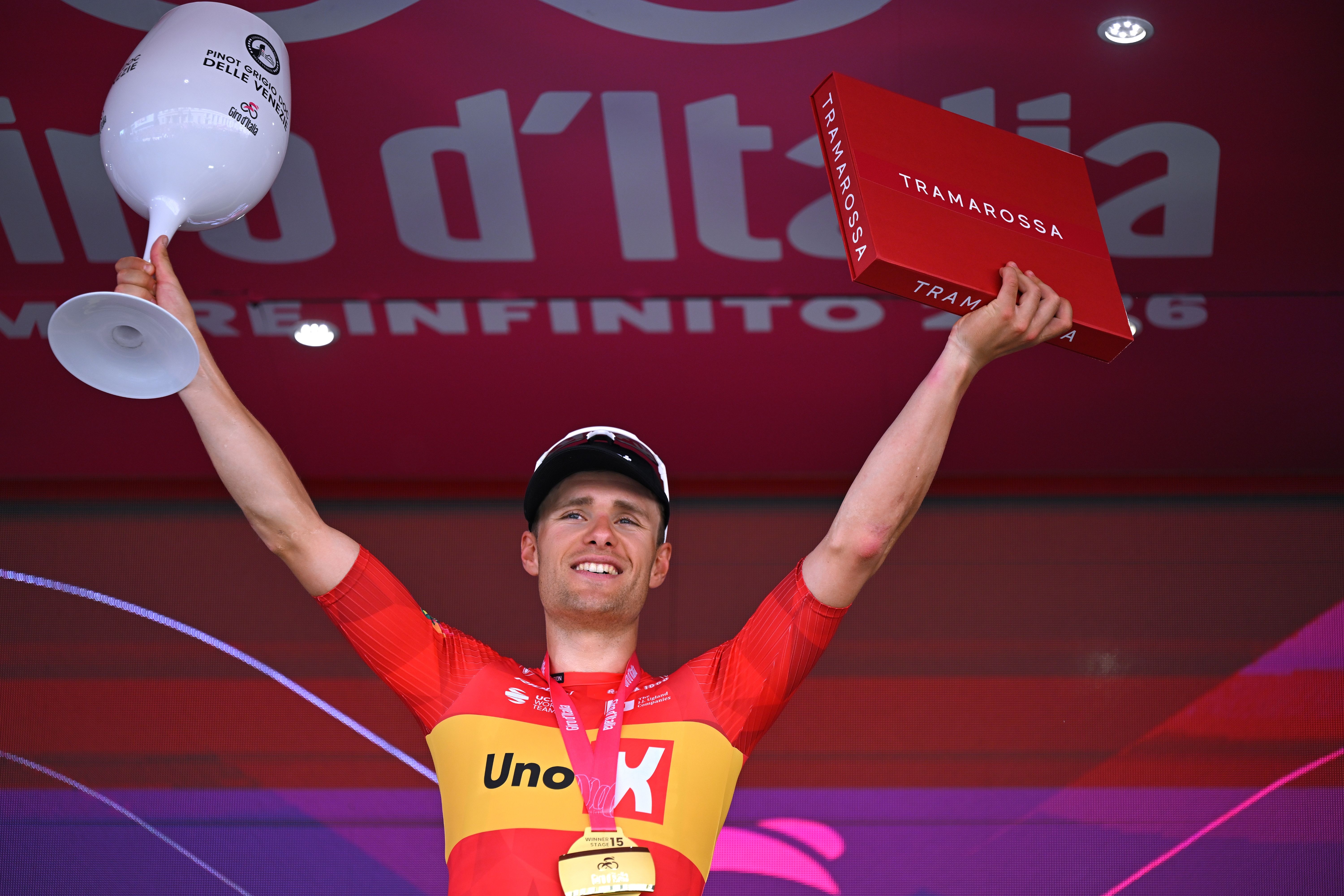 MILAN, ITALY - MAY 24: Fredrik Dversnes Lavik of Norway and Team Uno-X Mobility celebrates at podium as stage winner during the 109th Giro d'Italia 2026, Stage 15 a 157km stage from Voghera to Milan / #UCIWT / on May 24, 2026 in Milan, Italy. (Photo by Tim de Waele/Getty Images)