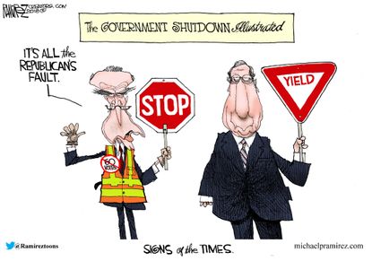Political cartoon U.S. government shutdown blame Chuck Schumer Mitch McConnell