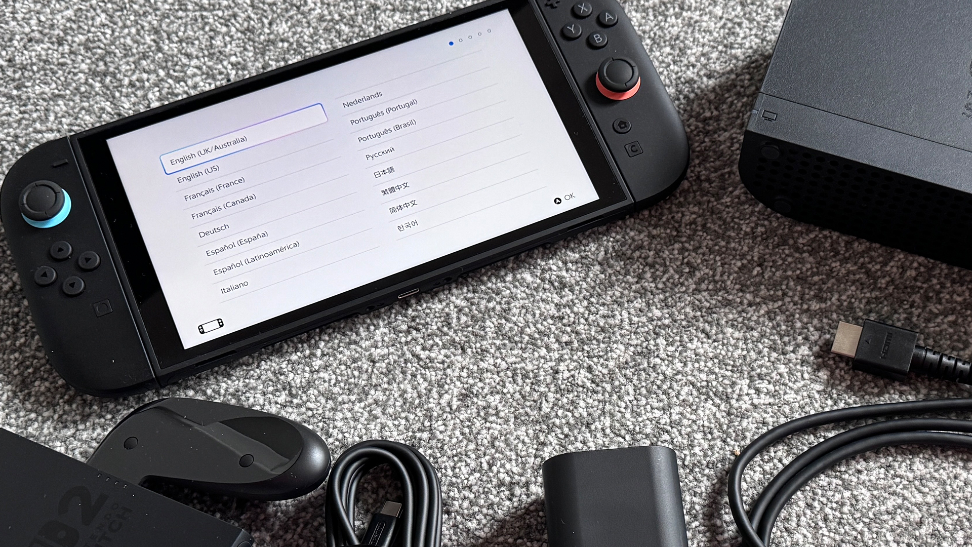 The Switch 2 with screen on the language selection screen