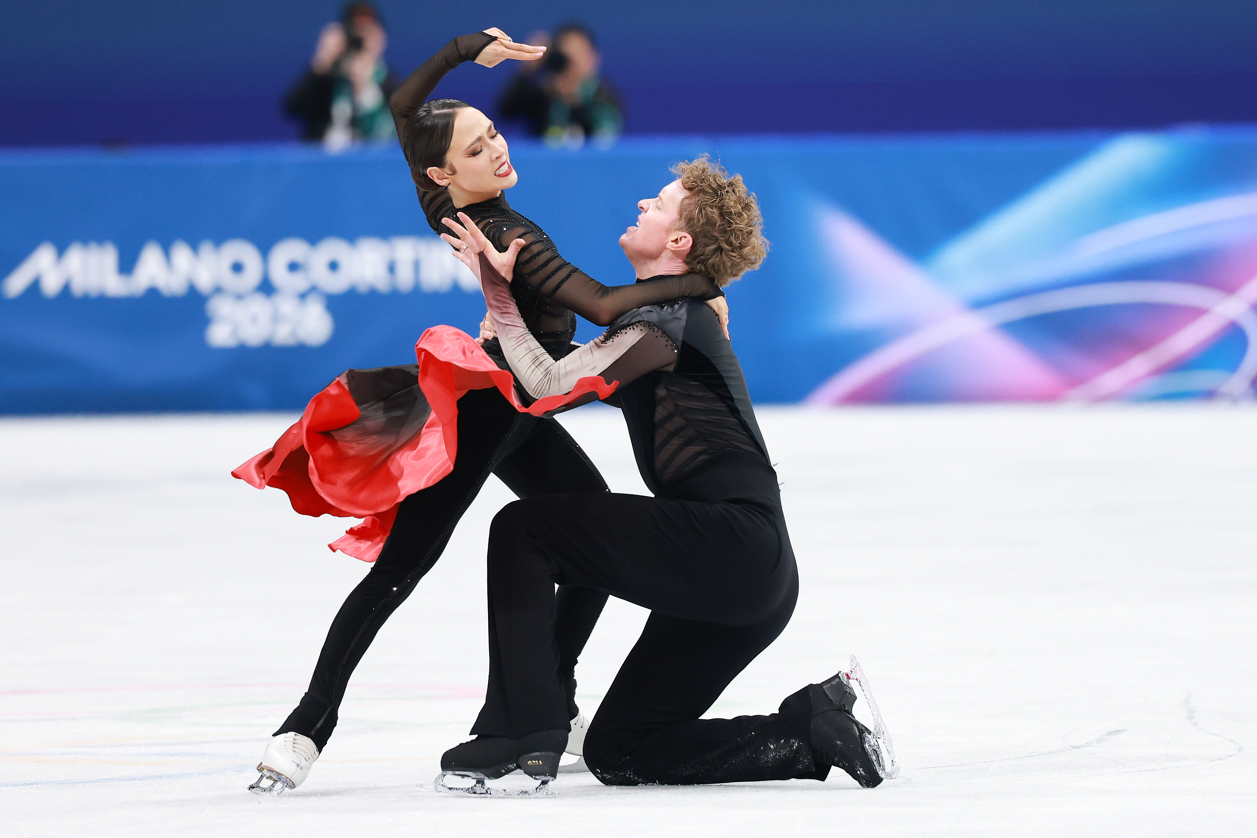 MILAN, ITALY - FEBRUARY 11: Madison Chock and Evan Bates of Team United States compete in the Figure Skating Ice Dance on day five of the Milano Cortina 2026 Winter Olympics at Milano Ice Skating Arena on February 11, 2026 in Milan, Italy.