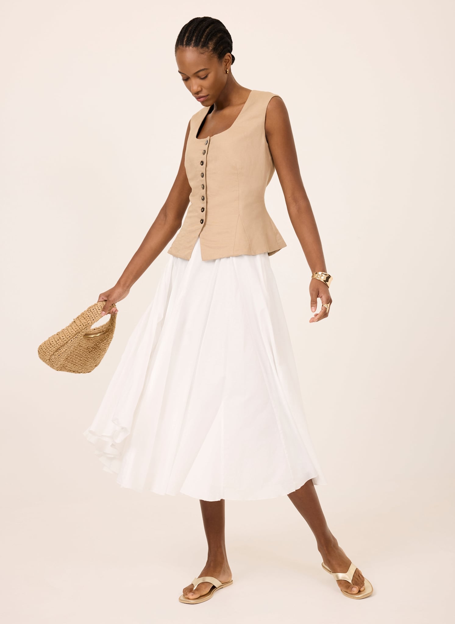 White Cotton Full Midi Skirt