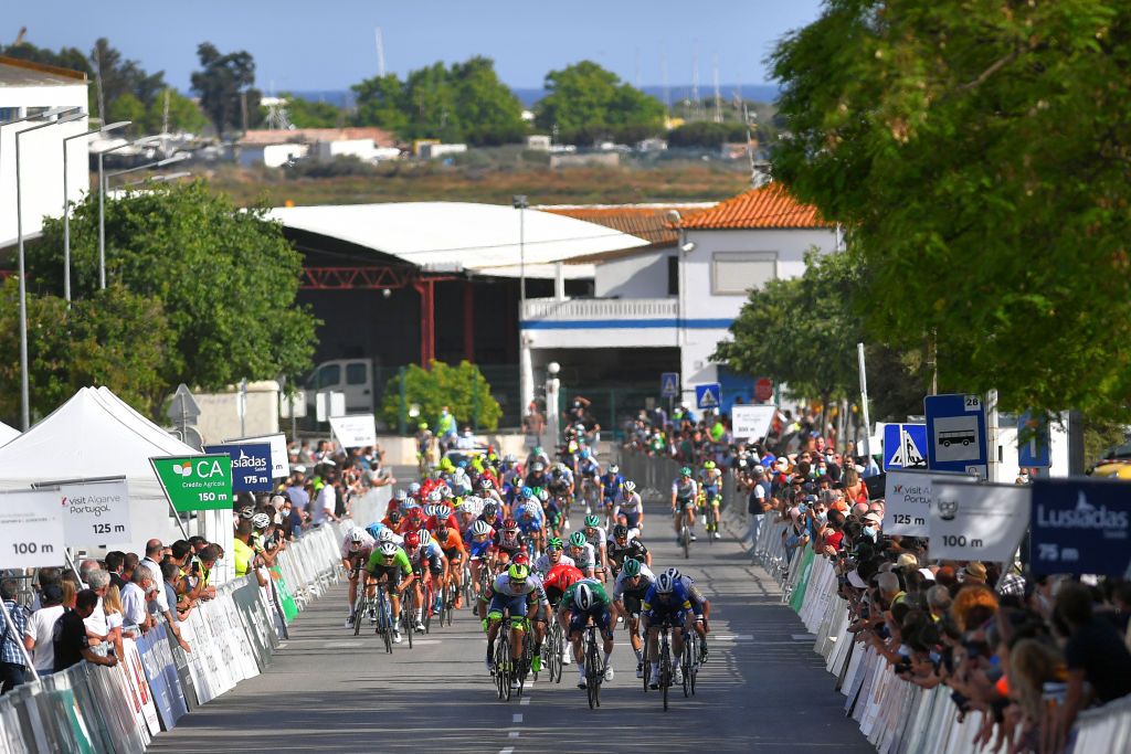 TAVIRA PORTUGAL MAY 07 Sam Bennett of Ireland and Team Deceuninck QuickStep Green Points Jersey Danny Van Poppel of Netherlands and Team Intermarch Wanty Gobert Matriaux Michael Morkov of Denmark and Team Deceuninck QuickStep Jon Aberasturi Izaga of Spain and Team Caja RuralSeguros RGA Pascal Ackermann of Germany and Team BORA Hansgrohe Eduard Michael Grosu of Romania and Team Delko Thomas Boudat of France and Team Arka Samsic sprint at arrival during the 47th Volta Ao Algarve 2021 Stage 3 a 2031km stage from Faro to Tavira VoltAlgarve VAlgarve2021 on May 07 2021 in Tavira Portugal Photo by Luc ClaessenGetty Images
