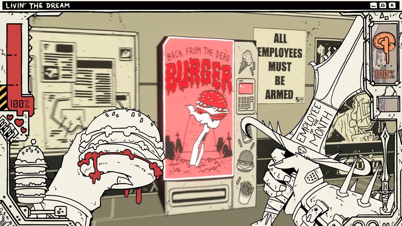 Cyberlich gameplay view showing sword in one hand burger in other looking at burger vending machine and "all employees must be armed" sign