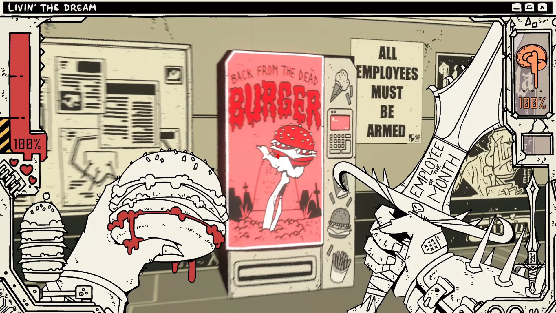 Cyberlich gameplay view showing sword in one hand burger in other looking at burger vending machine and 