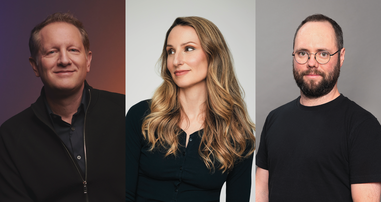 (Left to right) Matthew Nickel, Chief show creation and production officer for Cirque du Soleil; &Eacute;milie &Eacute;miroglou, Director of Creation of Cirque du Soleil ALIZ&Eacute;; F&eacute;lix Fradet-Faguy, Projection designer of Cirque du Soleil ALIZ&Eacute; 